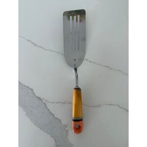 Vintage Androck Stainless Slotted Spatula Wood Handle Made in USA Painted MCM